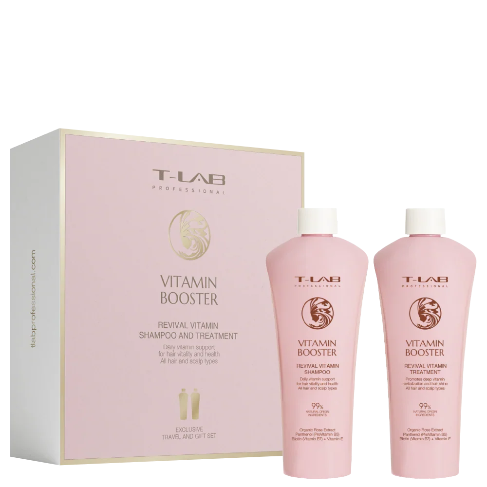 T-LAB Professional VITAMIN BOOSTER, atgaivinantis vitaminų šampūno ir kondicionieriausi kelioninis rinkinys, 100ml + 100ml T-LAB Professional TIESIOG GRAŽI