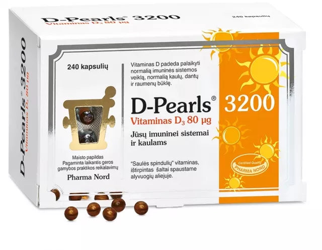 PHARMA NORD maisto papildas D-PEARLS 3200 TV 80 mcg, 240 kaps.