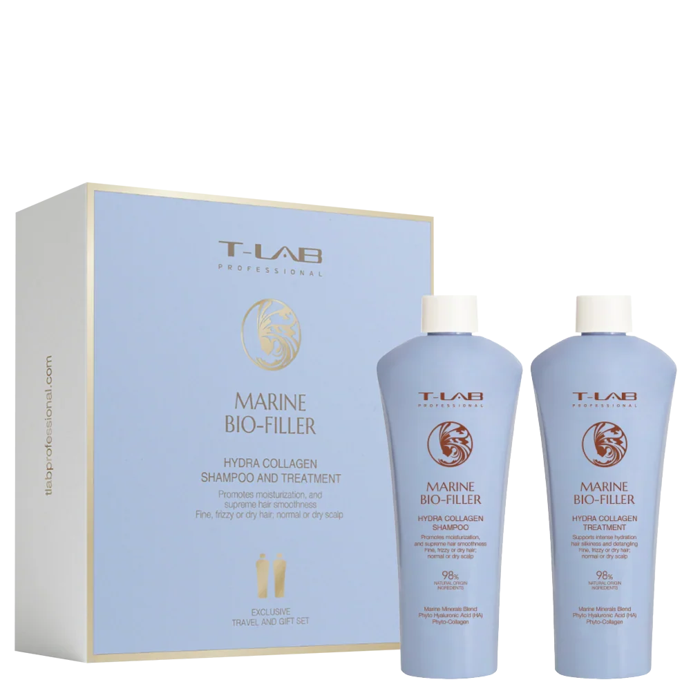 T-LAB Professional Marine Bio-Filler Hydra Collagen Shampoo šampūno ir kondicionieriaus kelioninis rinkinys 100ml+100ml T-LAB Professional TIESIOG GRAŽI